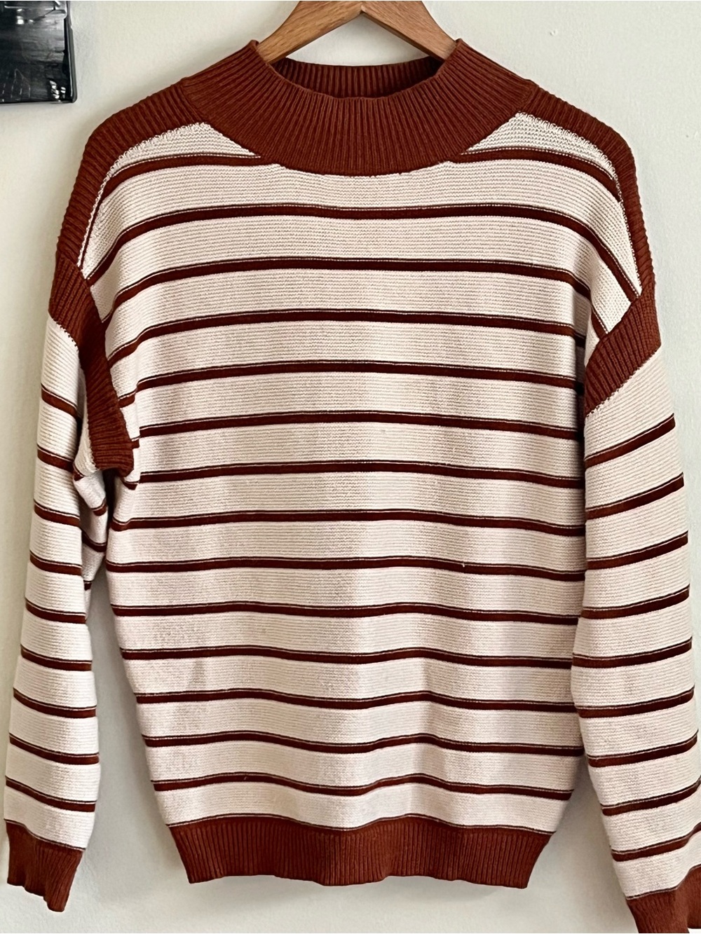 Pink Martini Oversized Burgundy & Cream Striped Knit Sweater XS PTP 21 inch - Picture 7 of 8